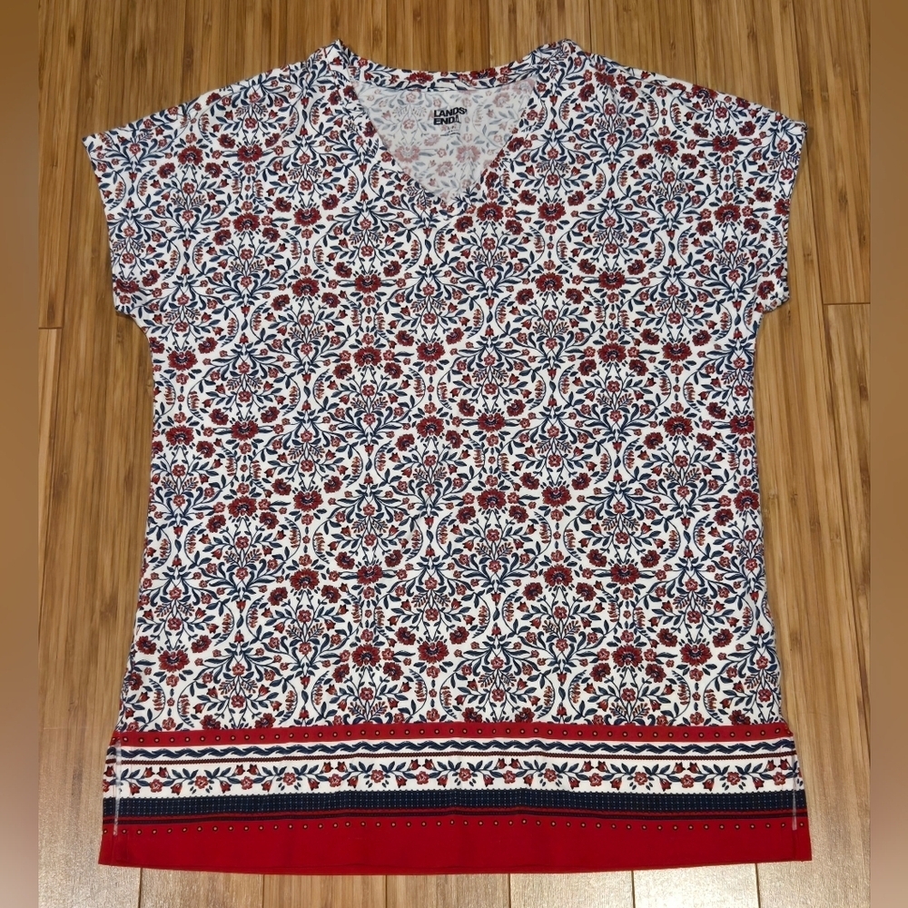 Lands' End Short Sleeve V-Neck Tee in White, Red, Navy Floral Print